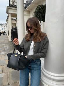 Plain Crew Neck Single-Breasted Long Sleeve Soft Knit Cardigan - Dark Grey - View 8