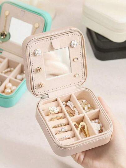 1 便携式珠宝盒带镜子旅行珠宝收纳盒 Ins 风格多功能珠宝盒防氧化大容量珠宝整理盒适用于耳环耳环戒指项链吊坠口红等配饰和美容工具接收情人节礼物送给女性的礼物母亲节礼物化妆旅行洗漱用品整理器必需品礼物收纳拉链配件指甲