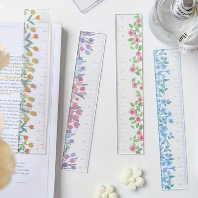 4 Stücke Blumenmuster Vinyl Lineale - 15,01 cm transparentes Messwerkzeug, farbenfrohes Blumendesign, Zentimeter-Präzision, geeignet für Schule und Büro, Schulanfang Blumen Lineal, Grundschul Lineal, 15 cm multifunktionales Acryl Lineal, transparentes Zeichen Lineal, Schulanfang Essential