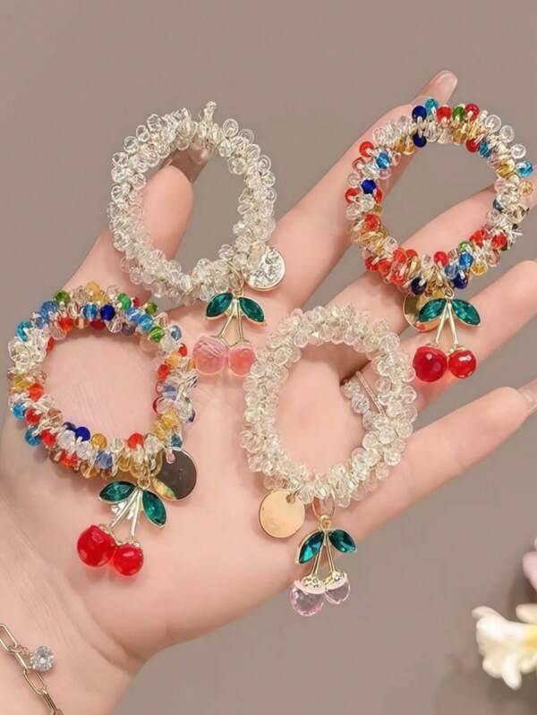 1pc/2pcs-New-Style Colorful Crystal Hair Ties - Dual-Purpose Cherry Elastic Bands That Can Be Used As Hair Ties For Ponytails Or Bracelets. High-End Hair Accessories With A Stylish Touch.