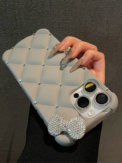 Luxury Shiny Quilted Cat Bow Phone Case, Compatible With 17/15 Pro Max/13/14/12/11/16