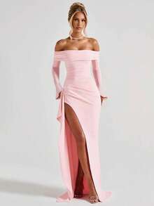 1pc Solid Color Off Shoulder Long Sleeve Sexy Elegant High Slit Maxi Dress, Suitable For Party, Wedding, Cocktail - Baby Pink - View 3