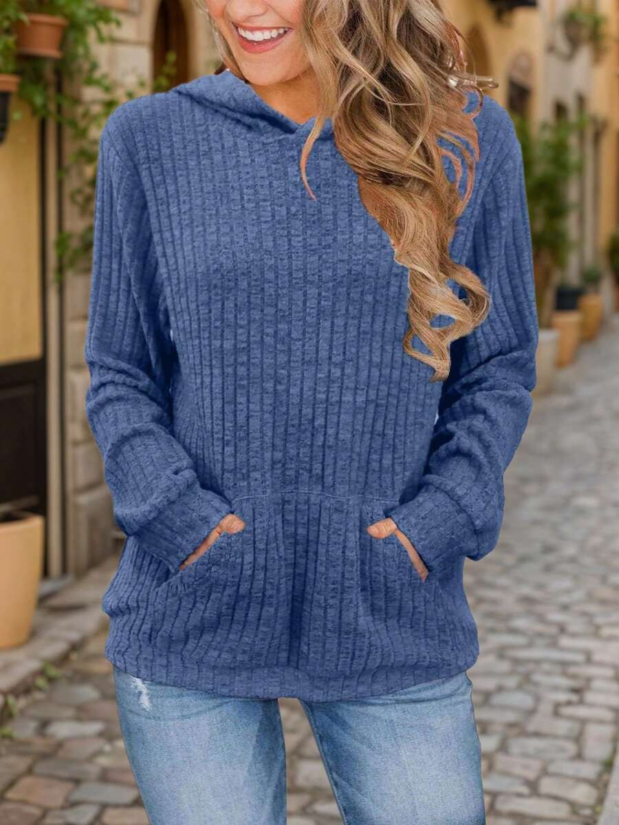 Plus Size Women Solid Color Rib Casual Vacation Hoodie With Pockets