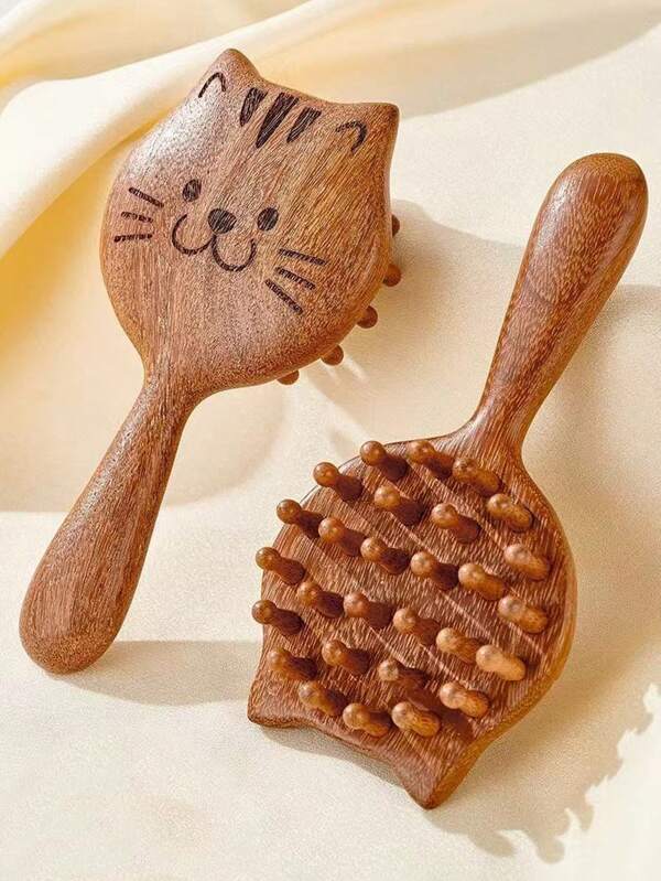 1 Sandalwood Cat 28-Pin Potting Disc Massage Comb, Cartoon Portable Hair Smoothing Comb For Women, Hair Styling Kit, Hair Tool Kit, School Stuff