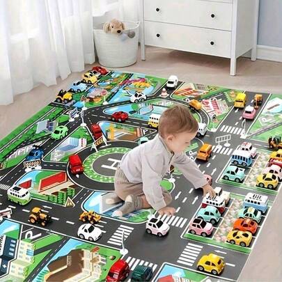 1 pieza Alfombra de juego de tráfico de ciudad grande de tela no tejida, resistente al agua y a la humedad, mapa interactivo de carreteras de estilo moderno, adecuado para jugar con coches de juguete de niños, decoración de habitaciones, herramienta educativa, vuelta al colegio
