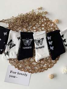 20/10 双黑白蝴蝶袜，踝袜，短袜，青少年街头风格袜子，运动袜，休闲运动，适合 1-16 岁女孩，黑白蝴蝶图案 - 彩色 - 查看 4