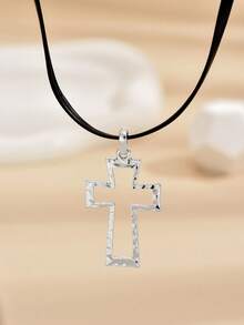1pc Fashionable Cross PU Necklace, Suitable For Daily Wear - Silver - View 6