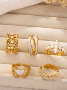 5pcs Luxury Stainless Steel Asymmetrical Hollow Heart Shaped Enamel Decor Rings Set, Suitable For Men & Women Daily, Festivals, Vacation, Dating, Wedding Engagement Gift, Matching Accessories