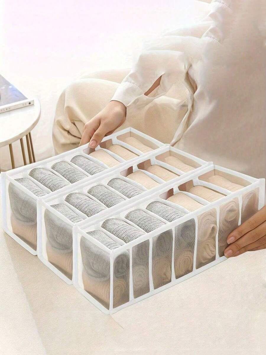 1/3pcs- Foldable Wardrobe Storage Box, Which Can Separate Underwear, Bras, Socks And Clothes, Drawer Storage Box, Home Plaid Storage Box, Dormitory Storage Bag, Clothes Storage Box, Saving Space, Home Bedroom And Dormitory Storage Supplies. - White - View 1