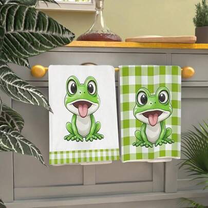 2/4/48pcs Cute Green Frog Printed Kitchen Towels, Highly Absorbent Cleaning Cloths, Ideal For Cooking, Baking, Kitchen And Bathroom Use, Dish Cloths