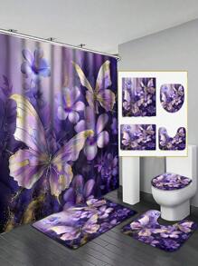 1/4-teiliges Set - Lila Schmetterling Duschvorhang Set, moderne Bauernhaus Blumen Schmetterling Gold Folie botanische Kunst Wasserabweisender Duschvorhang mit 12 Haken, rutschfester Badteppich, Toilette U-förmiger Deckel, perfektes Einweihungsgeschenk für Freunde und Familie