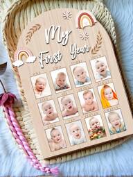 Tres estilos - Mi primer año Portafotos de madera con hitos - Recuerdo de cumpleaños de 12 meses, estilo de collage vertical, con diseño de hojas, perfecto para fotos de un año y hitos mensuales, accesorios fotográficos, baby showers