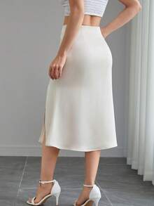 Chân váy satin cạp cao màu trơn dành cho nữ, phù hợp cho mùa xuân, hè, thu và đông, thiết kế xẻ tà bên hông, khóa kéo ẩn - Thanh lịch, tối giản, đa năng, phù hợp cho Giáng sinh, Halloween, Lễ Phục sinh, Ngày Nhà giáo, du lịch thường ngày, công sở, tiệc tối và các dịp khác. - Màu be - Xem 1