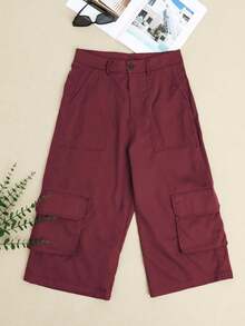 全新 女式休闲纯色口袋短工装裤 - 酒紅色 - 查看 4