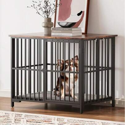 Furniture Dog Crate,Foldable Large Dog Cage With Plush Mat,Heavy Duty Indoor Dog Kennel With Removable Top & Secure Lock For Small Medium Dogs,End Tab