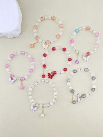 6 pièces Bracelets charms papillon en perles de verre bohème à la mode, cadeau de vacances pour femmes (couleur du pendentif aléatoire)