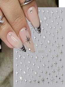 2pcs Gold & Silver Star Nail Stickers, 3D Foil Cross Star Y2K Nail Art Decals, Self-Adhesive Slider Nail Salon Stickers Nails Nail Supplies - Multicolor - View 4