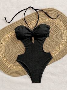 女士新款欧美风露背挂脖连体性感泳衣度假沙滩黑色夏季 - 黑色 - 查看 3