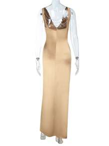 Women's Sexy V-Neck Backless Pearl Chain Decor Dress, Formal Evening Gown, Cocktail, Wedding, Awards Ceremony, Christmas