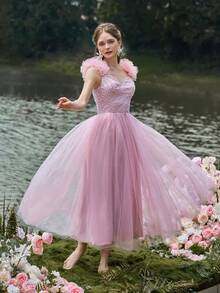 Gorgeous Midi Graduation Dress With Beaded Bodice, Tulle Ruffle Sleeves, Tiered Ruffled Skirt - Birthday Women Outfits For Wedding Guest Outfits, Graduation Proms, Cocktail Parties & Garden Galas - Pink - View 4