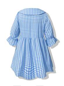 Plus Size Blue & White Plaid A-Line Mini Skirt, Ruffle Trim Detail, Deep V-Neck, Flared Sleeves, Woven Fabric, Pleated Ruffle Hem, Perfect For Picnics - Blue and White Checkered - View 8