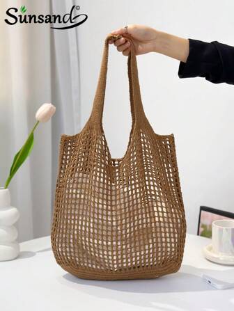 ENBEI Summer Chill Vacation Women Crochet Knit Beach Tote Bag With Hollow-Out Design Large Capacity Foldable Bucket Drawstring Women's Backpack. It Is Perfect For Beach Trip,Vacay Romance ,With Its Sand-Shaking Function, And Also Suitable For Daily Use Like Shopping Bag And Backpack. Great For Outdoor Activities, Traveling, And Going Back To School For College Freshmen, Sophomores, Seniors In School, College, And High School
