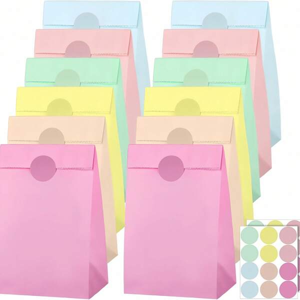 12pcs Pastel Gift Candy Paper Bags With Stickers 5.1 X 3.1 X 9.4 Inch Snacks Sweet Craft Bags For Birthday WeddingPartyAnniversary