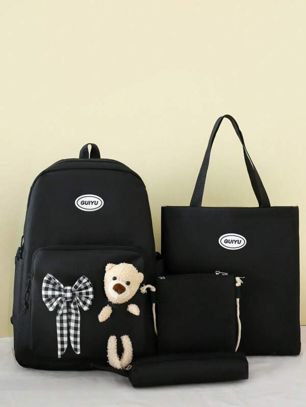 Back To School 4pcs New Cartoon Bear Decoration Solid Color Nylon Large Capacity Backpack, Shoulder Bag, Crossbody Bag For Boys And Girls, With Zipper Closure, Adjustable Straps, Perfect For School, Outdoor Activities, Travel, And Festive Gifts