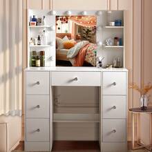 7-Drawers Dressing Table With LED Lighted Makeup Mirror Wood Vanity Dresser Desk - White - View 6
