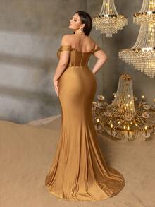 Faeriesty Curve Plus Off Shoulder Bodice Contrast Ruched Wrap Hem Formal Evening Party Dress
