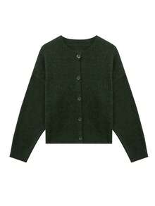 Knit Mix Áo khoác cardigan dệt kim dáng rộng kiểu Pháp thanh lịch, dành cho nữ, cổ tròn, tay dài, màu trơn, thích hợp mặc ngoài dịp Giáng sinh, Lễ Tạ ơn, Năm mới, Thu/Đông. - Màu xanh lá cây đậm - Xem 8