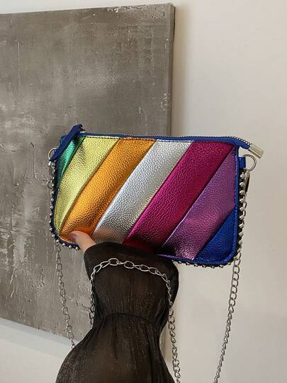 1pc Multi-Color Envelope Style PU Patchwork Chain Crossbody Bag For Women
