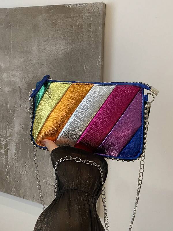 1 pièce Sac bandoulière croisé en PU multicolore de style enveloppe patchwork pour femmes