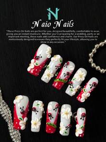 NAIO 纯手工制作的矩形按压式人造指甲，含红色法式指甲贴，饰有3D浮雕花朵和瓢虫图案，春夏美甲套装，专为女士和女孩设计的美甲用品，每套10件，适合返校、派对、庆典和日常佩戴。包含美甲工具，是送给女士和女孩的绝佳礼物。 - 彩色 - 查看 4