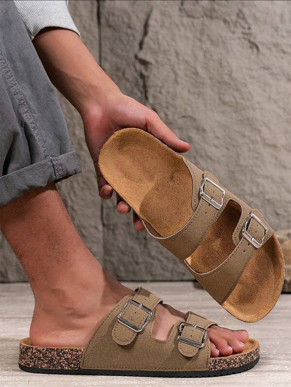 Men Casual Solid Color Buckle Flat Slide Sandals, Black Sandals, White Slippers, Men's Summer Sandals, Couples Shoes, Women Sandals And Slippers, Platform