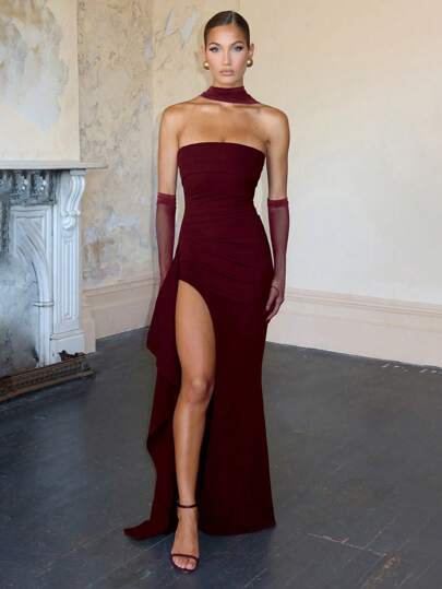 Strapless Sexy Fitted Slit Flowy Dress, Bridesmaid Dress, Halloween Christmas Party Dress