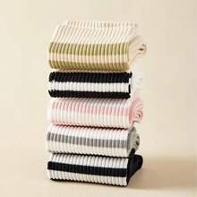 5 双女式中筒袜，双面条纹 - 纯色弹性罗纹袜腿，柔软透气面料，适合休闲、轻度运动和日常穿着 - 中性色（黑色、灰色、粉色、白色、米色），可爱袜子