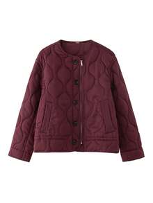 Women's Wine Red Quilted Padded Jacket Loose Fit Casual Zip Front Round Neck With Pockets Coat Fall Winter - Burgundy - View 3