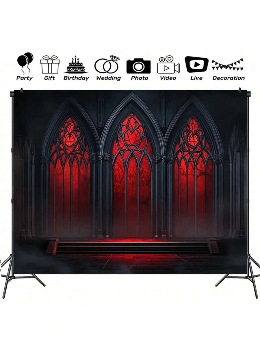 Fondale di uno scenario di castello gotico vampiresco, senza necessità di alimentazione, adatto per decorazioni di compleanni, matrimoni, feste, set fotografici, e per decorare tavoli per torte