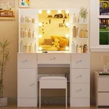 Bedroom Dressing Table Vanity Desk W/ LED Lights Mirror & Stool Makeup Desk Set - White - View 3