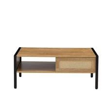 40.16" Rattan Coffee Table, Sliding Door For Storage, Metal Legs, Modern Table For Living Room - Natural Oak - View 4