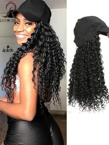 长发棒球帽，长而古怪的卷发，合成假发，配套假发，可调节帽子，优雅女士棒球帽假发和长非洲卷发，合成高温纤维假发可调节弹力网帽，所有多功能款式 - 黑色帽子+假发组合