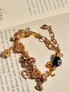 1 件黑色 8 球豹饰手链、1 件仙人掌饰手链、1 件皇冠心形 DIY 手链、1 件复古龙可调节手链、生日纪念礼物手链 - 黑色 - 查看 9