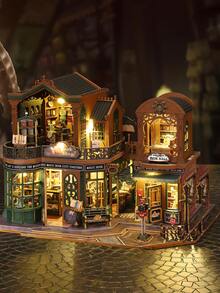 Vintage Bookstore Style Miniature House With LED Light, Double Building Design DIY Wooden Kit With Book Shelves And Street Details, Twilight Book Mall For Home Decoration, Holiday Gift And Relaxing Assembly Project - Multicolor - View 6