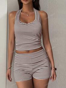 Conjunto de 2 piezas para mujer de top halter y shorts a rayas para actividades deportivas y de ocio en el hogar