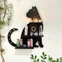 1 pieza Soporte para exhibir cristal con gato negro, estante de luna flotante con gato, estantería de madera con gato lindo montado en la pared para decoración gótica - Multicolor - Ver 2