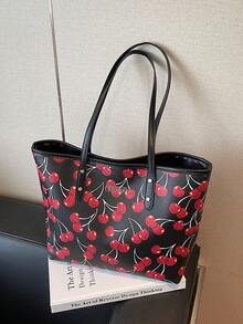 New Cute Cherry Pattern PU Tote Bag, Waterproof Design, Fashionable Large Capacity Shoulder Bag, Suitable For Women's Daily Use, School, Commuting - Black - View 3