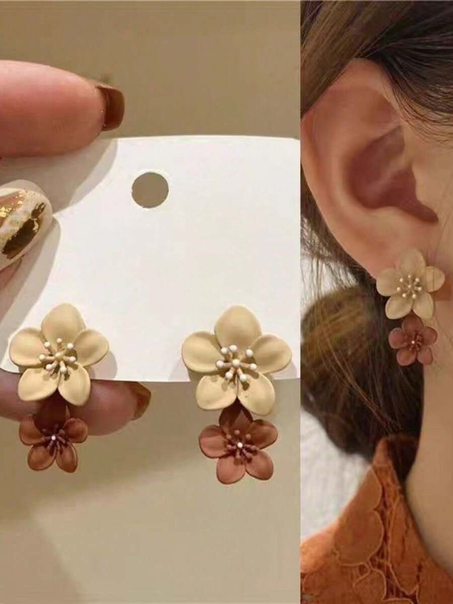 1 对时尚喷漆花卉深棕色耳环，优雅优质女士耳环，适合日常休闲佩戴 - 彩色 - 查看 1