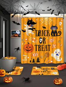 1/4 件万圣节图案浴帘和垫子套装，家居装饰浴帘，浴室淋浴垫，现代风格浴室窗帘，浴室地毯，U 型马桶垫，马桶盖，12 个挂钩，送给朋友和家人的完美节日礼物，圣诞装饰