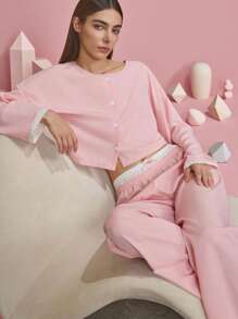 بيجامة نسائية، ملابس علوية علوية بياقة مستديرة وأزرار، وبنطلون كاجوال بخصر مطاطي، ملابس منزلية عصرية، ملابس خريفية